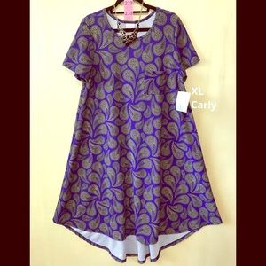 LuLaRoe XL Carly Blue Gold Paisleys Hi-Lo A-Line